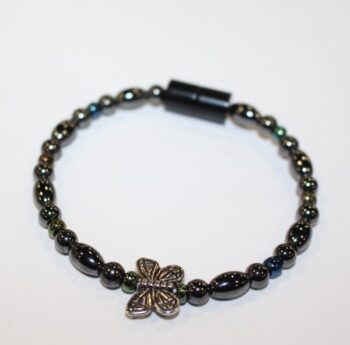 Magnetic Hematite Single Bracelet - Butterfly Center Stone, Double Wings, Rainbow Beads