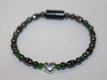 Magnetic Hematite Single Bracelet - Heart Center Stone, Green Beads