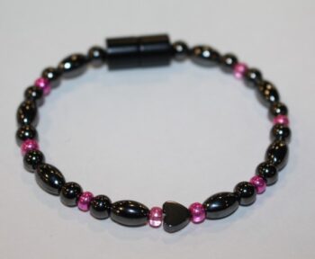 Magnetic Hematite Single Bracelet - Heart Center Stone, Hot Pink Beads