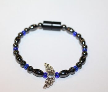 Magnetic Hematite Single Bracelet - Winged Heart Center Stone, Silver, Blue Beads